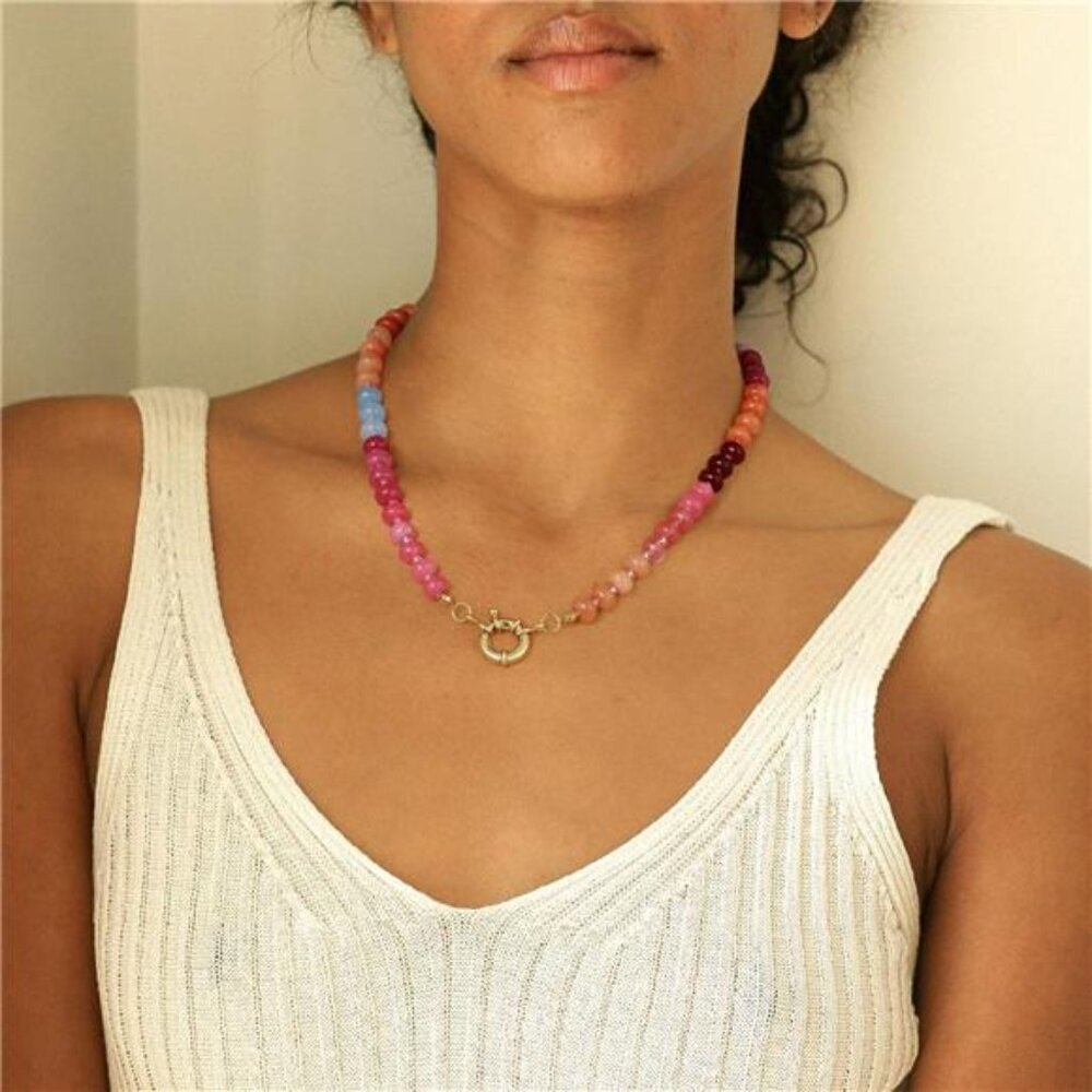 Women's Beaded Gemstone Necklace Boho Colorful Bead Choker, Passionate - Picture 3 of 6